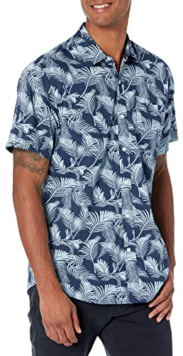 Amazon Essentials Men's Regular-Fit Short-Sleeve Print Shirt, Navy Blue Sky Palm Leaf, XXL