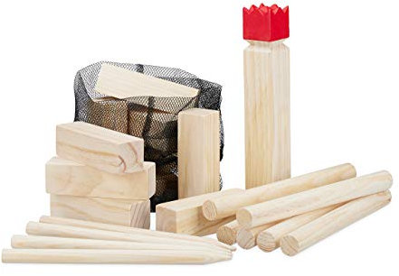 Relaxdays Kubb Viking Game, Nordic Tossing Game, Outdoor Game,Red King, Big, Garden Game with Bag,Natural Wood