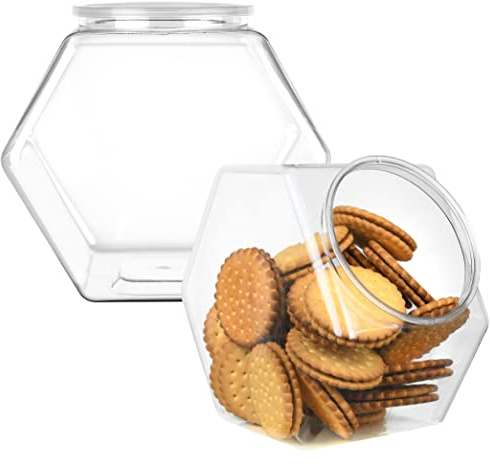 DilaBee 2-Pack Plastic Cookie Jar - 1 Gallon Hexagon Candy Jars with Lids for Candy Buffet, Kitchen & Office - Clear Jars with Lids for Cookies, Candies & Dry Food - Plastic Jar with Labels - BPA-Free