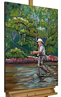KunstLoft Metallbild 3D | 100% HANDGEFERTIGT | 60x90x6cm | Wandbild Metall Deko 'An der Angel' | Angler See | Grün Braun | Metall Wanddeko Wohnzimmer