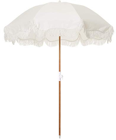 Business & Pleasure Co. Holiday Umbrella - Boho Beach Umbrella with White Fringe, UPF 50+, 1 Tilting Wood Pole, 5’ x 6.5’, Antique White