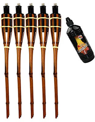 Moritz 5X Bambusfackeln Fackel 90 cm Dunkelbraun + 1x 1000ml Lampenöl Gartenfackel Ölfackeln Garten Deko Öllampe Wegleuchte