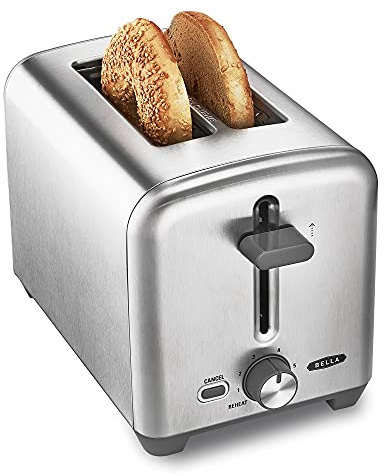 bella Stainless Steel 2 Slice Toaster with Extra Wide Slots & Removable Crumb Tray - 6 Browning Options, Auto Shut Off & Reheat Function - Toast Bread, Bagel & Waffle