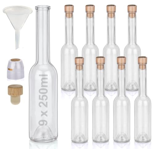 Flaschen Set 9 x 250ml hochwertige Glasflaschen leer mit Korken Schrumpfkapseln & 1 Trichter zum selbst Befüllen mit Gin Whisky Schnaps Likör Essig Öl günstige Flaschen Ginflaschen Whiskyflaschen