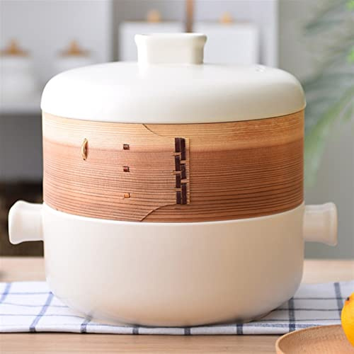 FORVOLWCO Japanese Style Ceramic Casserole Clay Pot, With Steam Insert, Stovetop Stew Pot Soup Pot, Hot Pot with Lid, Double-Decker Steamer Casserole Dish, 2.5L (Blanco : Blanco)