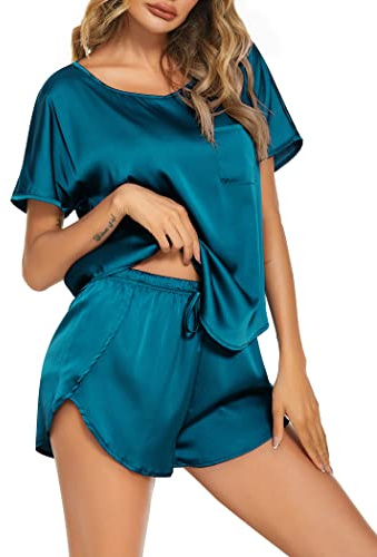Ekouaer Pyjama Femme Satin Ete Short Ensembles Vêtement de Nuit Haut et Short, Bleu-Vert, L