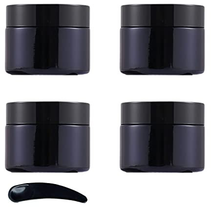 ZEOABSY 4 Pcs 50g Empty Black Glass Cosmetic Jars with Screw Lid, 50ml Face Cream Storage Containers Pots for Homemade Cream Gel Lip Balm Salve + 1x Spatula