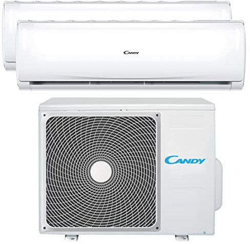 Candy, Aire acondicionado Smart Linea Pura, climatizador Dualsplit con 1 unidad exterior y 2 interiores 9000-12000 BTU, con bomba de calor para aire caliente, autolimpieza y control remoto