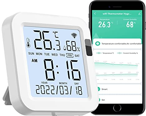 Monitor igrometro termometro WiFi: sensore di umidità della temperatura intelligente con schermo LCD retroilluminato a induzione PIR e avvisi di notifica APP, funziona con Alexa Google Assistant