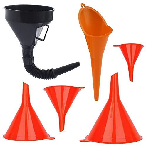 Universal 6-Part Funnel Set - Black Plastic With Extendable Flexible Spout for Car Motorcycles, 4 Mini Filling Tools for Kitchen or Workshop, Oil Long Mouth Design
