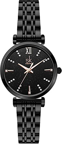 SHENGKE SK Klassische Frauen Uhren Mode Damen Kleid Uhr Solide Edelstahl Band Echtes Lederband (Black-Starry)