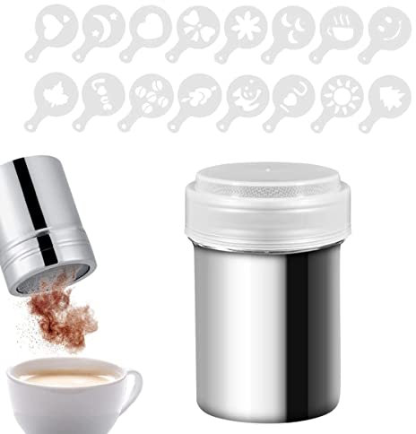 Mehl-/Zucker- und Salzstreuer – 200 ml Edelstahl Schokoladenpulverstreuer mit 16 Kaffeeformen, feinmaschiger Mehl-Staubwedel zum Backen, Kochen, Puderzucker, Salz, Kakaomehl, Streuer für