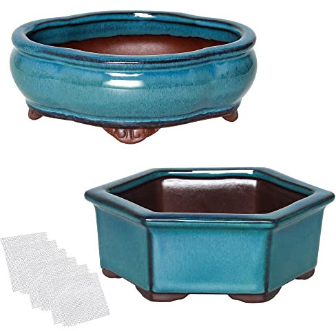 happy bonsai Set di 2 piccoli vasi smaltati da 5,7 6 + 6 reti di drenaggio a maglia morbida