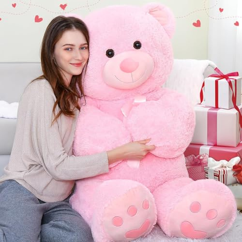 MorisMos Rosa Teddybär groß, 1.2m Riesen Teddy Kuscheltier XXL, Flauschiger Teddy Bär Stofftier Plüschtier, Plüschbär mit Fußspur, Freundin, Mädchen