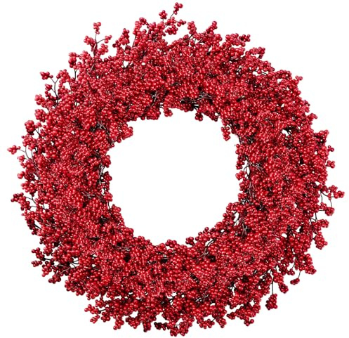 Lyrow 55,9 cm großer roter Beerenkranz für Haustür, großer künstlicher Kranz, Winter, künstlicher Bauernhaus-Dekor für Weihnachten, Urlaub, Outdoor, Innenbereich, Fenster, Wand, Kamin, Dekorationen