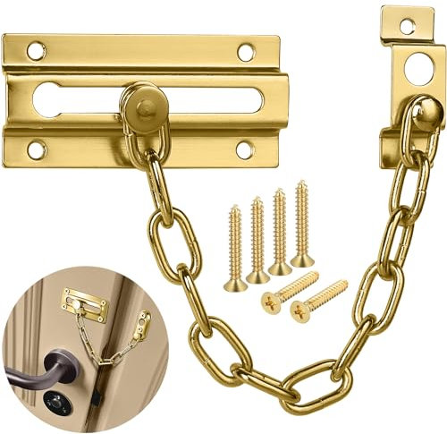 Brass Door Chain Lock - Wooden Brass Coated Steel Door Chain Lock for Front Door - Perfect Door Security Chain Lock for Hotel, Home, Living Motel Apartment