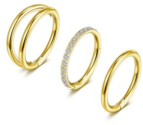 PiercingJak Conch Piercing Gold Nasenring Edelstahl Nasenringe Nasenpiercing Hoop Nose Ring Daith Septum Tragus Helix Clicker Ohrpiercing 8mm 18G Ohrringe Punk Schmuck 3er-set