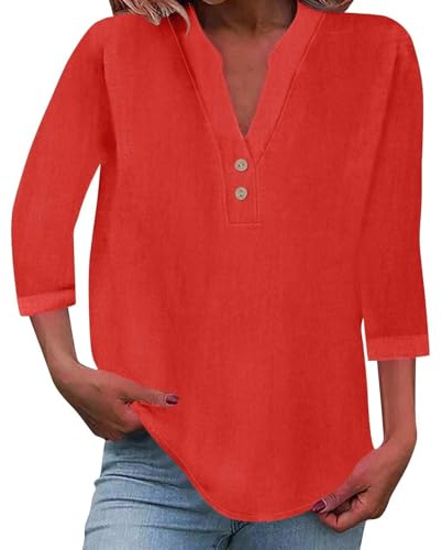 HUIFUAO T-Shirt d'été Ample à Manches Courtes avec col en V et Boutons pour Femme, Couleur Unie, Coupe Ample
