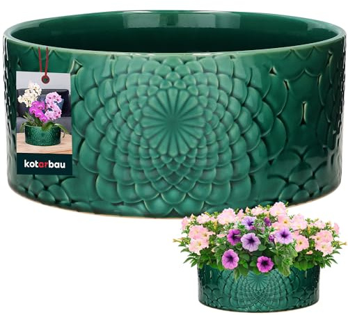KOTARBAU® Keramisk växtskål rund turkos färg höjd 13 cm ⌀ 28 cm, blomskålar för utomhus, ytterkruka stor blomkruka platt rund blomskål rund blomkruka blomkruka skål blomkruka