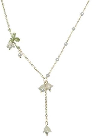 Niaspi Cute Flower Tassel Drop Pendant Necklace for Women Girls Dainty Faux Pearl Lily of The Vally Statement Necklaces Lovely Campanula Fairy Flower Birthday Wedding Holiday Party Jewelry Gifts