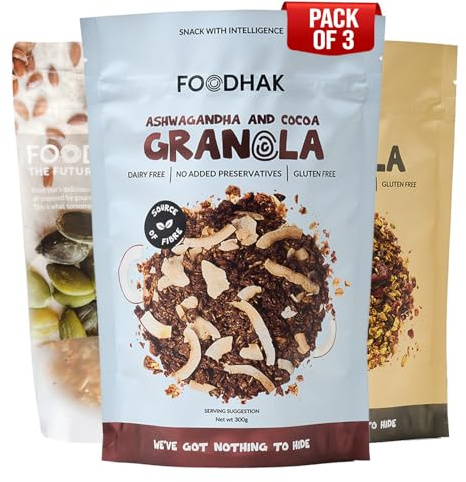 FOODHAK Granola Variety Gluten Free Granola Breakfast Cereal Pack of 3 (3 x 300g) – Made In UK Comes with Ashwagandha & Cocoa,Pumpkin Spice,Homemade Maple Syrup – Vegan, No Refined Sugar