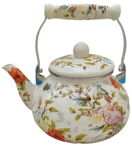 JISADER Email Teekessel 2,5 L Teekanne mit Griff Bequemer Griffgetränk Krug Wasserkrug Floraler Emaille Topf für Party Kaltes Wasser, C