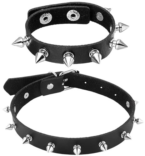 2Pack Black Spiky Choker Set ,Adjustable Punk Goth Metal Spike Studded Necklace Bracelet Set PU Leather Collar Spiked Rock Leather 80s 90s Jewelry Emo Punk Accessories for Party Cosplay Night Club
