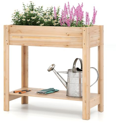 HOMASIS Fioriera Rialzata da Esterno in Legno di Abete, Orto Rialzato con Fori di Drenaggio, Letto da Giardino per Piante, Fiori, Erbe (con Ripiano, Naturale, 81 x 38 x 77 cm)