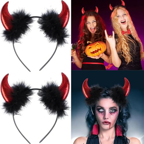 Qylazune 2pcs Halloween Devil Horns Headbands Accessories Red Shiny Devil Horn With Black Fluffy Feathers, Fun Costume Accessories for Women, Adult, and Kids, Halloween Parties, Cosplay, and Material