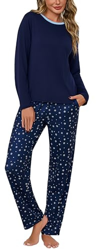 Litherday Pijama Mujer Algodón Manga Larga Conjunto de Camiseta Cuello Redondo Ropa de Dormir 2 Piezas con Bolsillos y Cordón