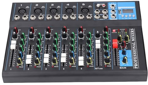 Naroote 7 Canaux Mélangeur USB, Contrôle intégré 100‑240V Petite Distorsion 3 Réglage de l'équilibre de Niveau 7 Mélangeur Canal (Prise UE)