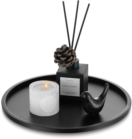 Romadedi Decorative Tray Black Round: Metal Candle Tray For Table Centrepiece Coffee Table Living Room Decor Perfume Organiser Plate For Jewellery Cosmetics, 30cm