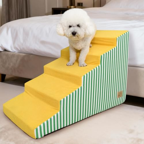 BingoPaw Husdjurstrappa hundtrappa 5 steg: hundtrappa 54 cm hög hundramp för säng och soffa, resårsäng, halkfri, tvättbar trappa för små medelstora hund/katter, gul, 81 x 40 x 54 cm
