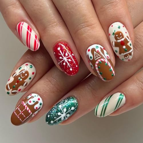 Ceboic 24 Pièces Noël Ongles à Coller Courts Ovales, French Faux Ongles avec Bonhomme en Pain D'épices & Flocons de Neige, Réutilisables Acrylique Pailletés Capsule Ongles pour Femmes et Filles