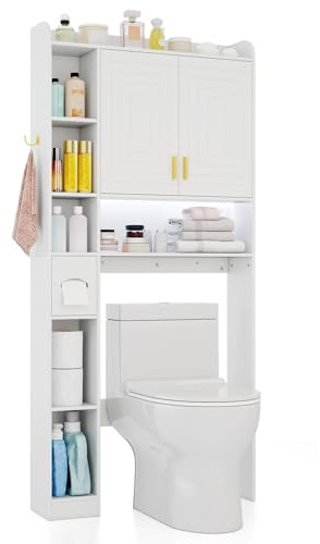 COSTWAY Mueble sobre Inodoro, Armario Independiente para Lavadora con Armario de 2 Puertas, 6 Compartimentos, Caja para Pañuelos, Gancho y Estante Ajustable, Estanterias Alta de Almacenaje (Blanco)