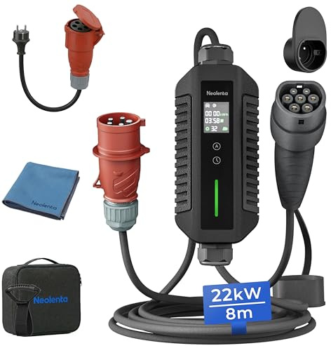 Neolenta Wallbox Trifásico 22 kW Portátil Tipo 2 8 m, Cargador para Coche Eléctrico con CEE 32A, Corriente Ajustable 6A–32A, RCD Integrado, para Casa y Viajes