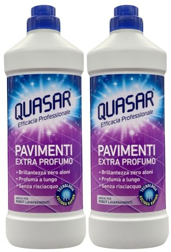 2x Quasar Detersivo PAVIMENTI EXTRA PROFUMO. Con Tecnologia Asciuga Rapido, Ideale Anche Per Robot Lavapavimenti 1000ml