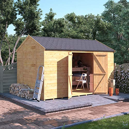 BillyOh 12x8 Workshop Log Cabin Wooden Garden Shed | Garden Storage Shed Tongue and Groove Construction with Double Doors, Windowless, Floor, Roof & Felt - Outdoor Storage for Tools, Bikes & Equipment