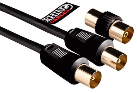 rhinocables Coaxial TV Aerial Cable with Gold-Plated Connectors | Male to Male RF Coax Lead with Female Adapter | Universally Compatible Fly Lead for HD/Standard TVs & Satellite Receivers (2m,Black)