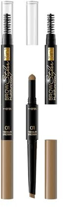 Eveline Cosmetics Brow Styler 3 en 1 Definidor de lápiz de cejas de doble punta multifuncional de larga duración | Marrón medio | Punta fina para acabado natural | Polvo para Rellenar las Cejas