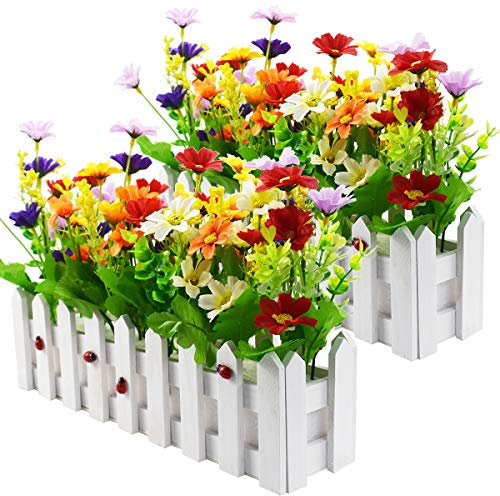 XONOR Artificial Flower Plants - Mixed Color Daisies in Picket Fence Pot for Indoor Office Wedding Home Decor (2 Sets, Daisy)
