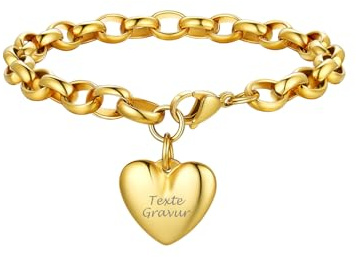 Bandmax Herz Armband Damen Edelstahl Kette 22cm Charm Armband Mädchen Personalisiert Armband Ankerkette Herzkette Armkette Schmuck für Geburtstag