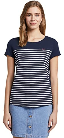 TOM TAILOR Denim Señoras Camiseta de rayas con estampado de corazón 1017275, 22701 - Navy Off White Stripe, S