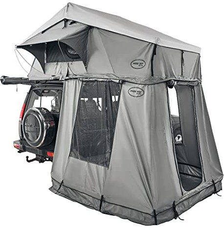 Prime Tech | Extended L Autodachzelt mit Vorzelt | Softshell-Dachzelt mit Bodenplane & Teleskopleiter | 240x140 cm Liegefläche | Komfort-Zelt für Camping, Vanlife & Overlanding | Grau