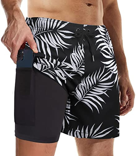 Suwangi Men's Swim Trunks Double Layer Beach Quick Dry Swimming Compression Liner 2 in 1 Shorts Boxer Brief Waterproof Surfing Board Black