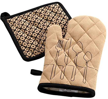 douceur d'intérieur, Guanto e presina (18 x 28 Cm/20 x 20 Cm) Cuciline Beige, Cotone Riciclato Stampato