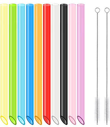 10 Stück Bubble Tea Strohhalme,Wiederverwendbare Plastik Strohhalme,spitzes Design,Farbige Dicke Strohhalme mit 2 Reinigungsbürsten für Smoothie Säfte