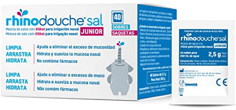 RHINODOUCHE Sel Junior. 40 sachets de 2,5 g contenant un mélange de sels avec du xylitol pour effectuer une irrigation nasale avec l'appareil RHINODOUCHE Junior (appareil non inclus)