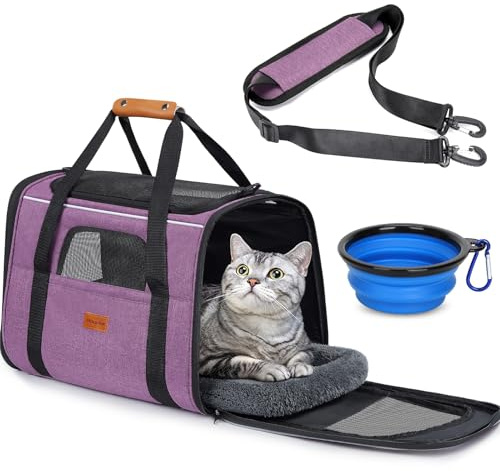 Morpilot Sac Transport Chat, Sac Transport Chien Respirant et Pliable, Caisse de Transport Chat avec Bandoulière Réglable, Cage Transport Chat avec Matelas en Peluche Amovible+Bol