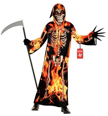 Morph Costume Mietitore Bambino, Costume Halloween Bambino | Tunica con Cappuccio & Maschera, Stampa Scheletro Fiammeggiante, Perfetto per Halloween, Ideale per il Gioco di Ruolo